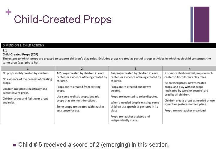 + Child-Created Props n Child # 5 received a score of 2 (emerging) in + Child-Created Props n Child # 5 received a score of 2 (emerging) in