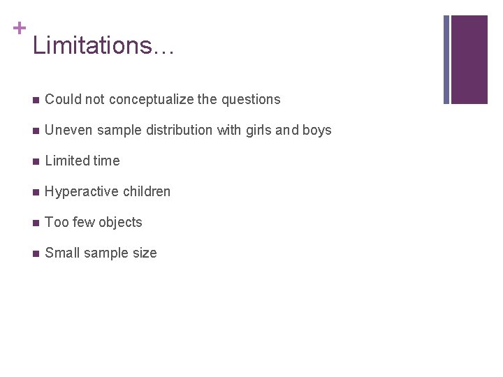 + Limitations… n Could not conceptualize the questions n Uneven sample distribution with girls + Limitations… n Could not conceptualize the questions n Uneven sample distribution with girls