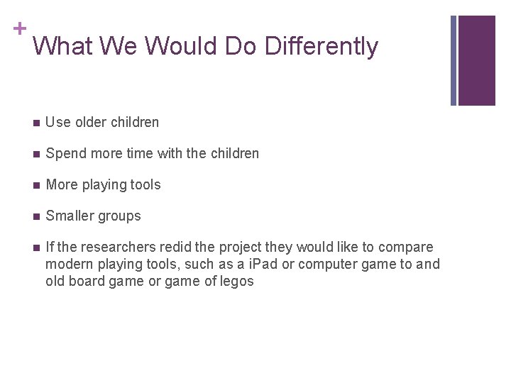 + What We Would Do Differently n Use older children n Spend more time + What We Would Do Differently n Use older children n Spend more time