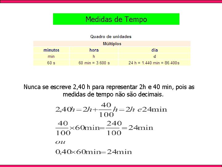 Medidas de Tempo Nunca se escreve 2, 40 h para representar 2 h e