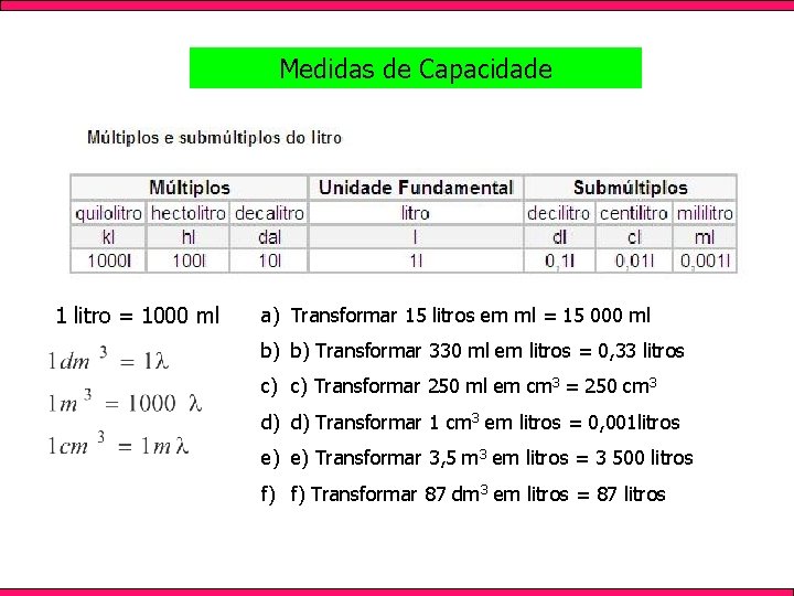 Medidas de Capacidade 1 litro = 1000 ml a) Transformar 15 litros em ml