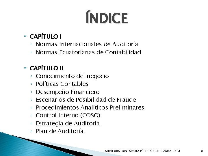 ÍNDICE CAPÍTULO I ◦ Normas Internacionales de Auditoría ◦ Normas Ecuatorianas de Contabilidad CAPÍTULO