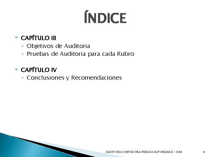 ÍNDICE CAPÍTULO III ◦ Objetivos de Auditoria ◦ Pruebas de Auditoria para cada Rubro