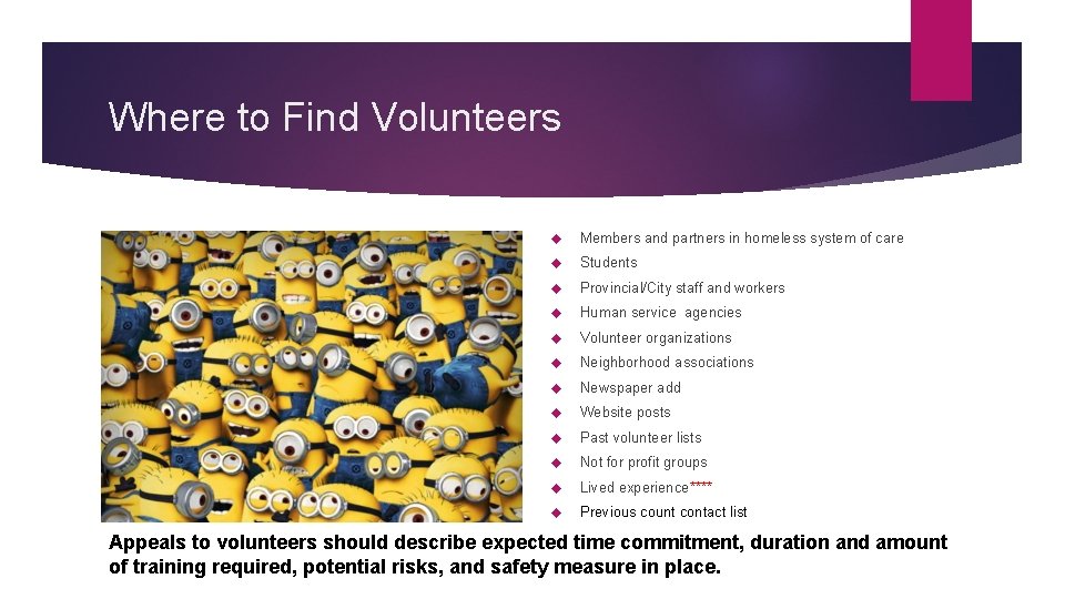Where to Find Volunteers Members and partners in homeless system of care Students Provincial/City