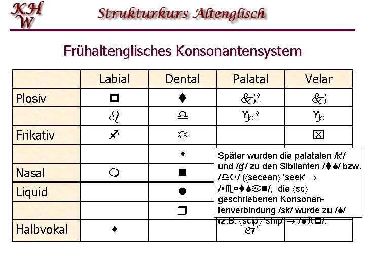 Frühaltenglisches Konsonantensystem Labial Dental Palatal Velar Plosiv p b t d k' g' k