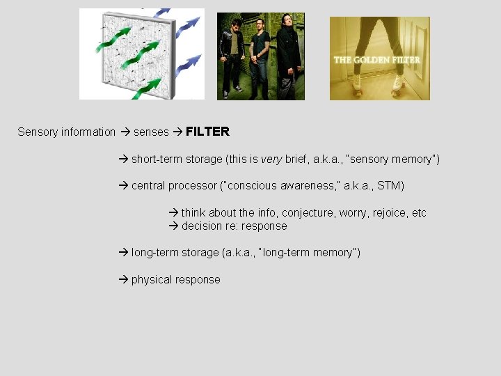 Sensory information senses FILTER short-term storage (this is very brief, a. k. a. ,