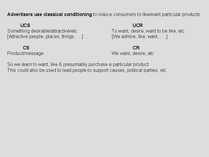 Advertisers use classical conditioning to induce consumers to like/want particular products UCS Something desirable/attractive/etc