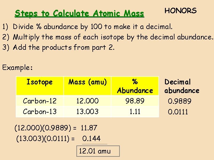 Steps to Calculate Atomic Mass HONORS 1) Divide % abundance by 100 to make