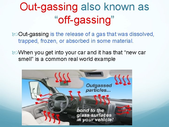 Out-gassing also known as “off-gassing” Out-gassing is the release of a gas that was