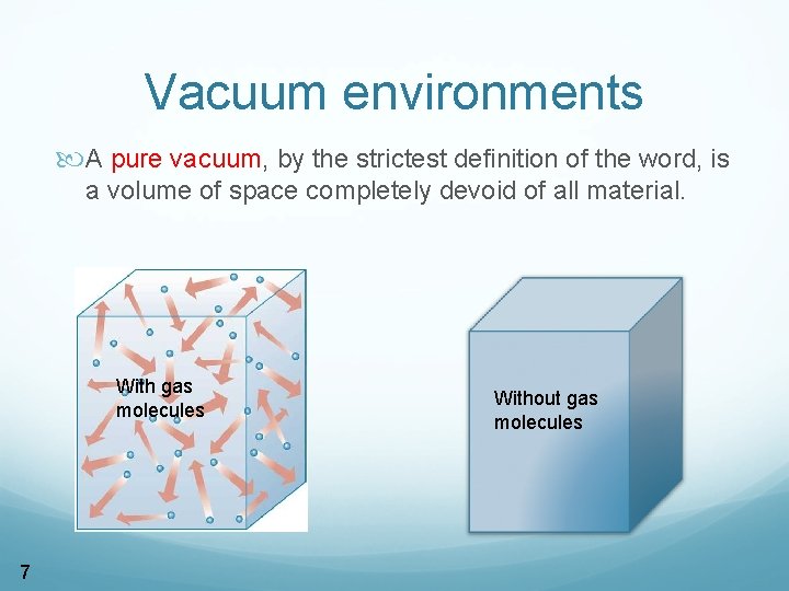 Vacuum environments A pure vacuum, by the strictest definition of the word, is a