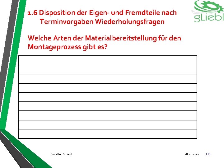 1. 6 Disposition der Eigen- und Fremdteile nach Terminvorgaben Wiederholungsfragen Welche Arten der Materialbereitstellung