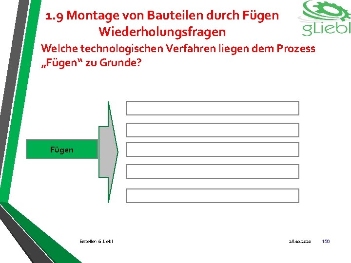 1. 9 Montage von Bauteilen durch Fügen Wiederholungsfragen Welche technologischen Verfahren liegen dem Prozess