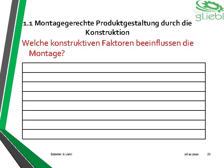 1. 1 Montagegerechte Produktgestaltung durch die Konstruktion Welche konstruktiven Faktoren beeinflussen die Montage? Ersteller: