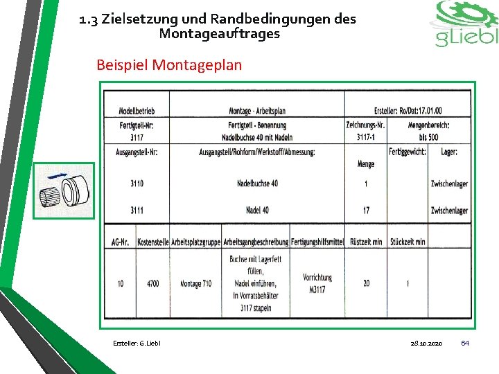 1. 3 Zielsetzung und Randbedingungen des Montageauftrages Beispiel Montageplan Ersteller: G. Liebl 28. 10.