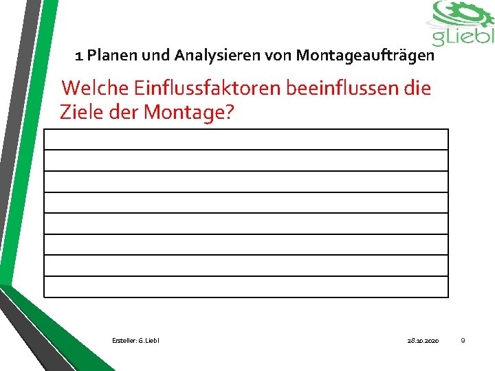 1 Planen und Analysieren von Montageaufträgen Welche Einflussfaktoren beeinflussen die Ziele der Montage? Ersteller: