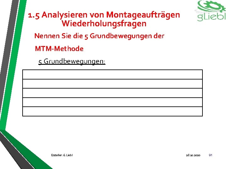 1. 5 Analysieren von Montageaufträgen Wiederholungsfragen Nennen Sie die 5 Grundbewegungen der MTM-Methode 5