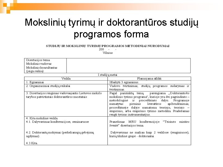 Mokslinių tyrimų ir doktorantūros studijų programos forma 