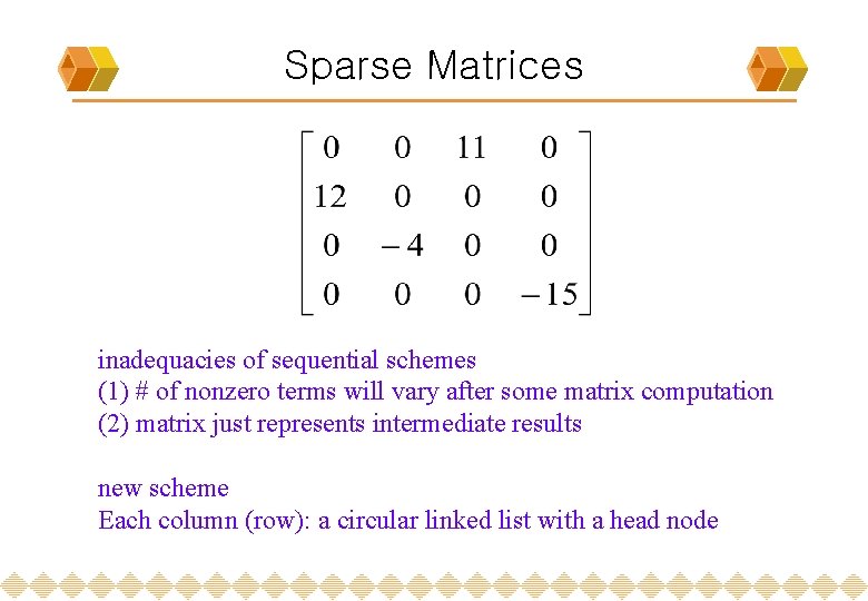 Sparse Matrices inadequacies of sequential schemes (1) # of nonzero terms will vary after