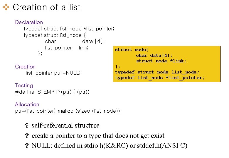 v Creation of a list Declaration typedef struct list_node *list_pointer; typedef struct list_node {