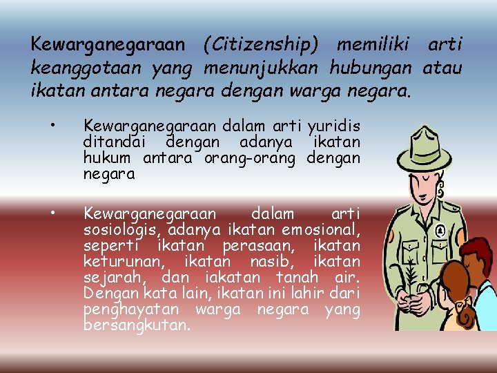 Kewarganegaraan (Citizenship) memiliki arti keanggotaan yang menunjukkan hubungan atau ikatan antara negara dengan warga