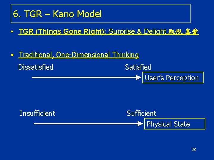 6. TGR – Kano Model • TGR (Things Gone Right): Surprise & Delight 取悅,