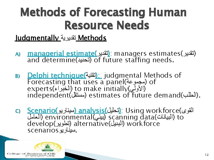 Methods of Forecasting Human Resource Needs Judgmentally ﺗﻘﺪﻳﺮﻳﺔ Methods A) managerial estimate( )ﺗﻘﺪﻳﺮ :