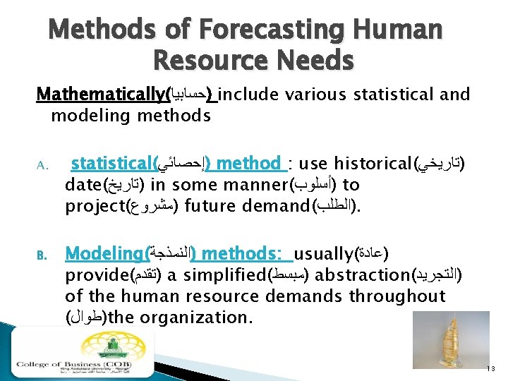 Methods of Forecasting Human Resource Needs Mathematically( )ﺣﺴﺎﺑﻴﺎ include various statistical and modeling methods