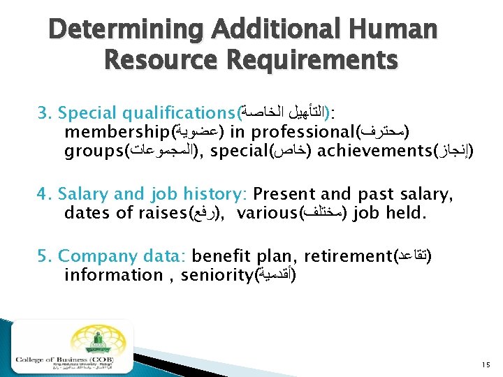 Determining Additional Human Resource Requirements 3. Special qualifications( ﺍﻟﺨﺎﺻﺔ )ﺍﻟﺘﺄﻬﻴﻞ : membership( )ﻋﻀﻮﻳﺔ in