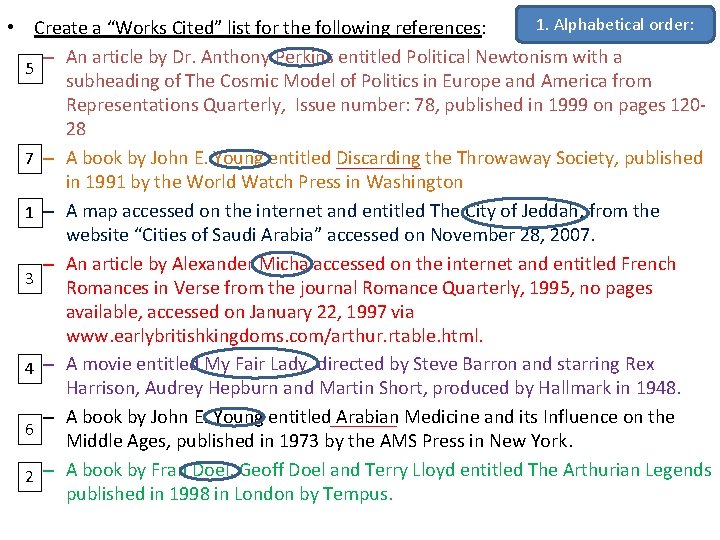 1. Alphabetical order: • Create a “Works Cited” list for the following references: –