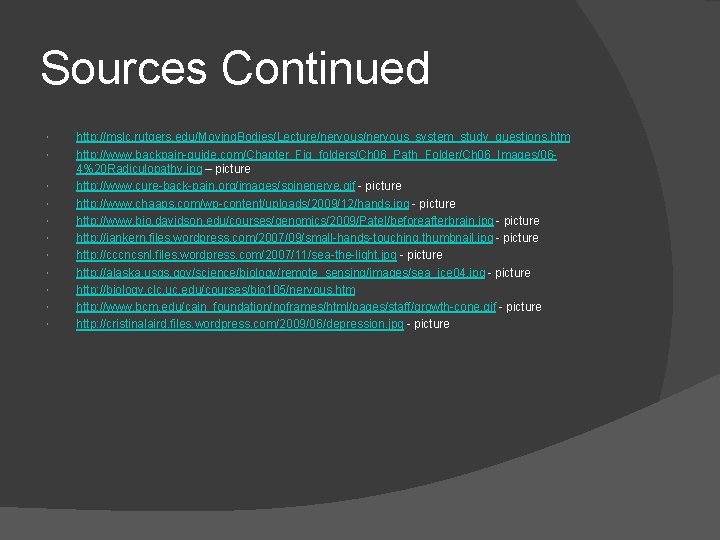 Sources Continued http: //mslc. rutgers. edu/Moving. Bodies/Lecture/nervous_system_study_questions. htm http: //www. backpain-guide. com/Chapter_Fig_folders/Ch 06_Path_Folder/Ch 06_Images/064%20