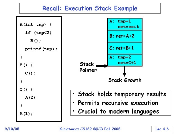 Recall: Execution Stack Example A: tmp=1 ret=exit A(int tmp) { if (tmp<2) B: ret=A+2