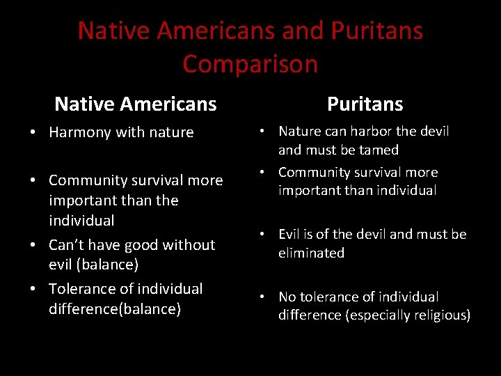 Native Americans and Puritans Comparison Native Americans • Harmony with nature • Community survival