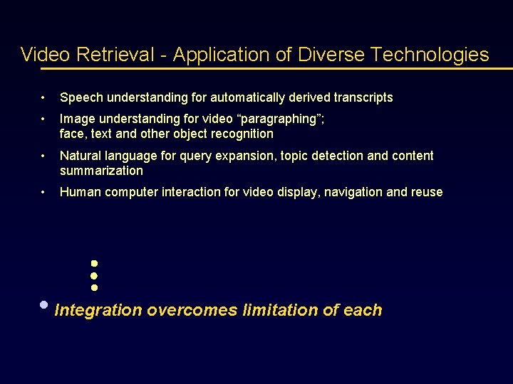 Video Retrieval Application of Diverse Technologies • Speech understanding for automatically derived transcripts •
