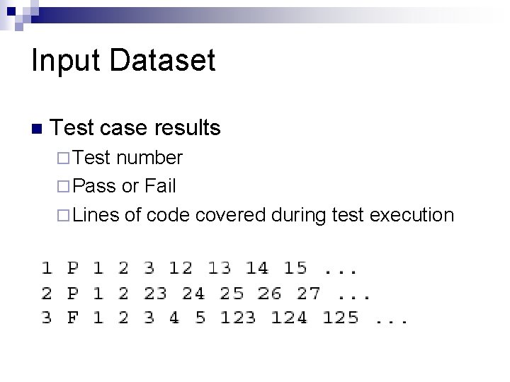 Input Dataset n Test case results ¨ Test number ¨ Pass or Fail ¨