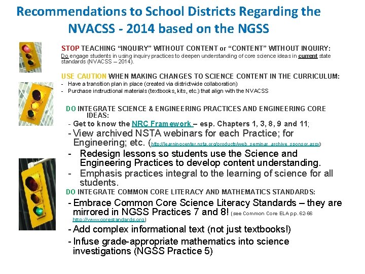 Recommendations to School Districts Regarding the NVACSS - 2014 based on the NGSS STOP