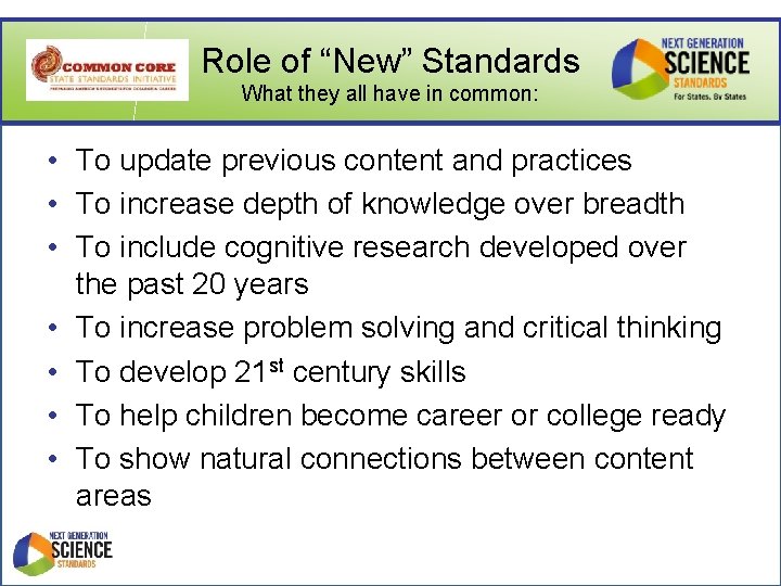 Role of “New” Standards What they all have in common: • To update previous