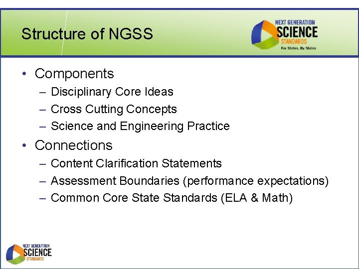 Structure of NGSS • Components – Disciplinary Core Ideas – Cross Cutting Concepts –