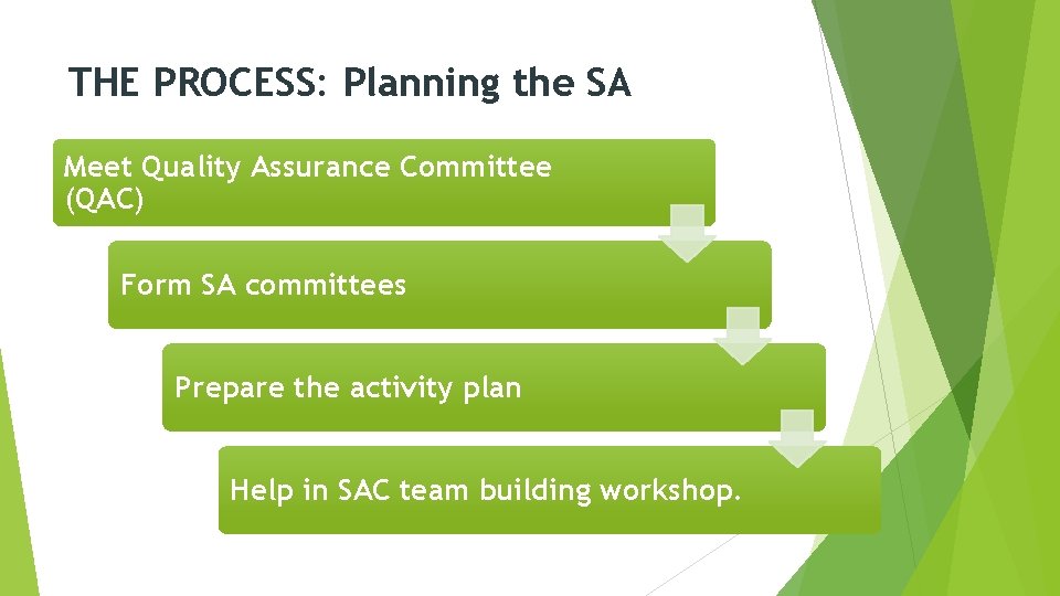 THE PROCESS: Planning the SA Meet Quality Assurance Committee (QAC) Form SA committees Prepare