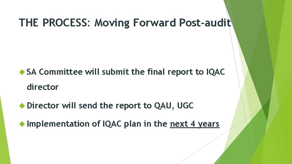 THE PROCESS: Moving Forward Post-audit SA Committee will submit the final report to IQAC