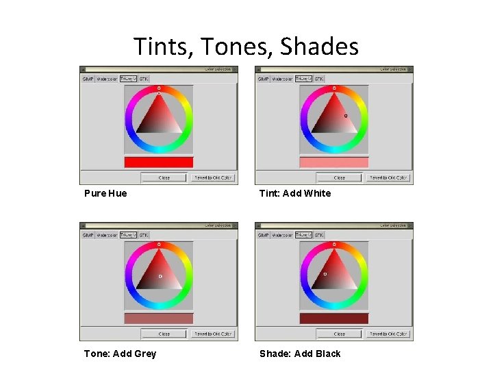 Tints, Tones, Shades Pure Hue Tint: Add White Tone: Add Grey Shade: Add Black