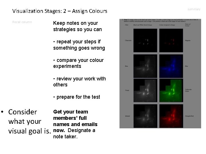Visualization Stages: 2 – Assign Colours Recall column Keep notes on your strategies so
