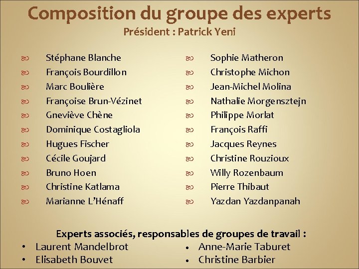 Composition du groupe des experts Président : Patrick Yeni Stéphane Blanche François Bourdillon Marc