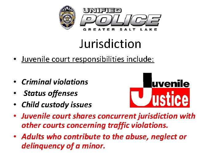 Jurisdiction • Juvenile court responsibilities include: Criminal violations Status offenses Child custody issues Juvenile