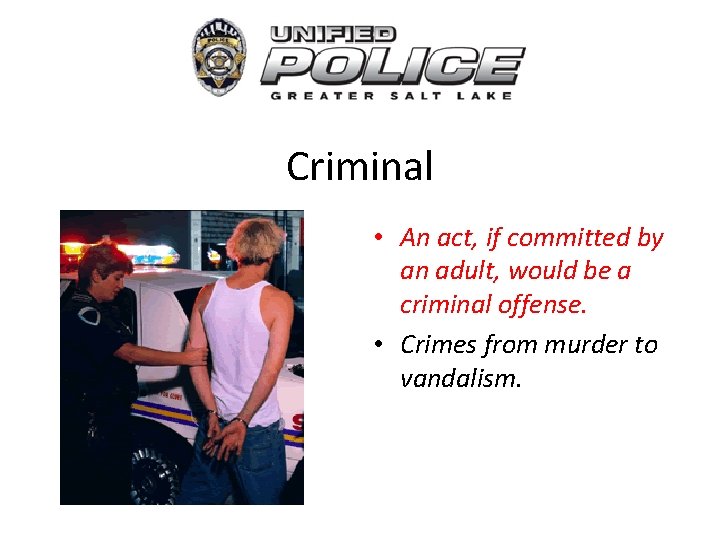 Criminal • An act, if committed by an adult, would be a criminal offense.