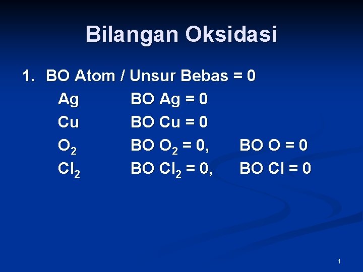 Bilangan Oksidasi 1. BO Atom / Unsur Bebas = 0 Ag BO Ag =