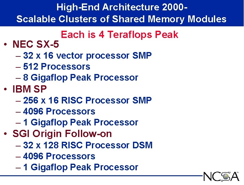 High-End Architecture 2000 Scalable Clusters of Shared Memory Modules • NEC SX-5 Each is