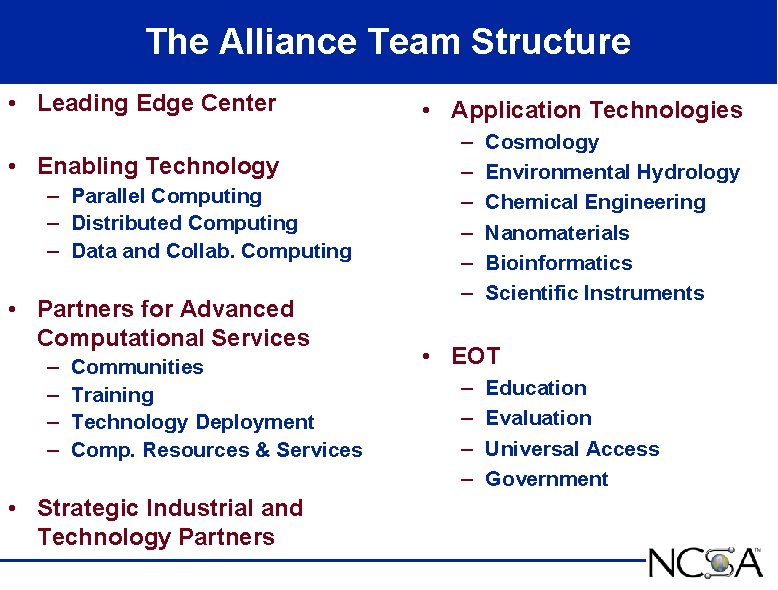 The Alliance Team Structure • Leading Edge Center • Enabling Technology – Parallel Computing
