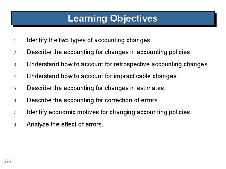 Learning Objectives 22 -2 1. Identify the two types of accounting changes. 2. Describe Learning Objectives 22 -2 1. Identify the two types of accounting changes. 2. Describe