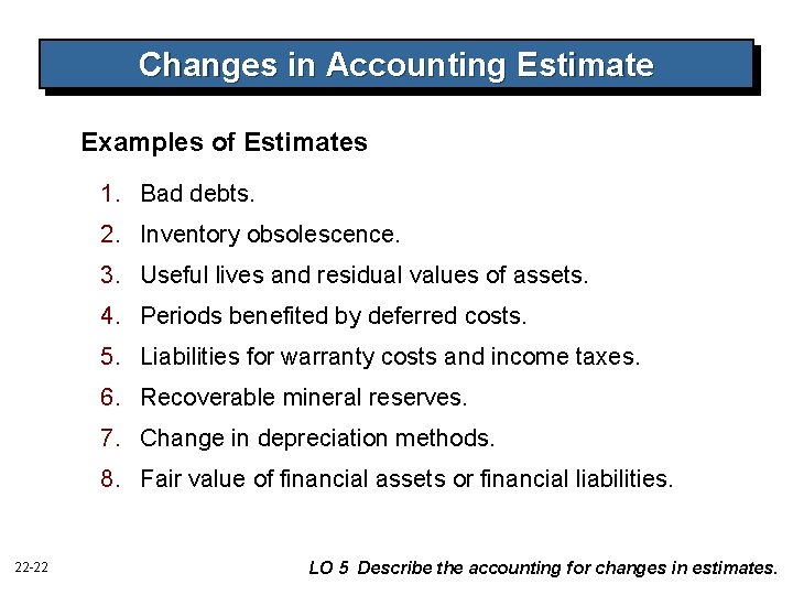 Changes in Accounting Estimate Examples of Estimates 1. Bad debts. 2. Inventory obsolescence. 3. Changes in Accounting Estimate Examples of Estimates 1. Bad debts. 2. Inventory obsolescence. 3.