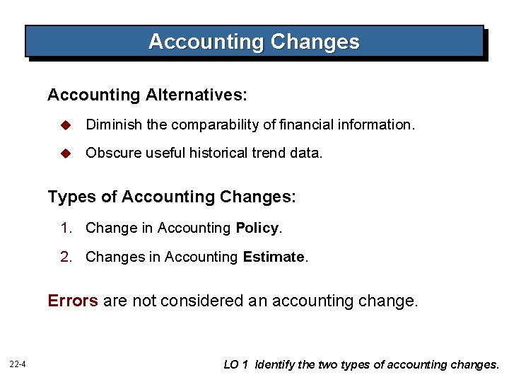 Accounting Changes Accounting Alternatives: u Diminish the comparability of financial information. u Obscure useful Accounting Changes Accounting Alternatives: u Diminish the comparability of financial information. u Obscure useful